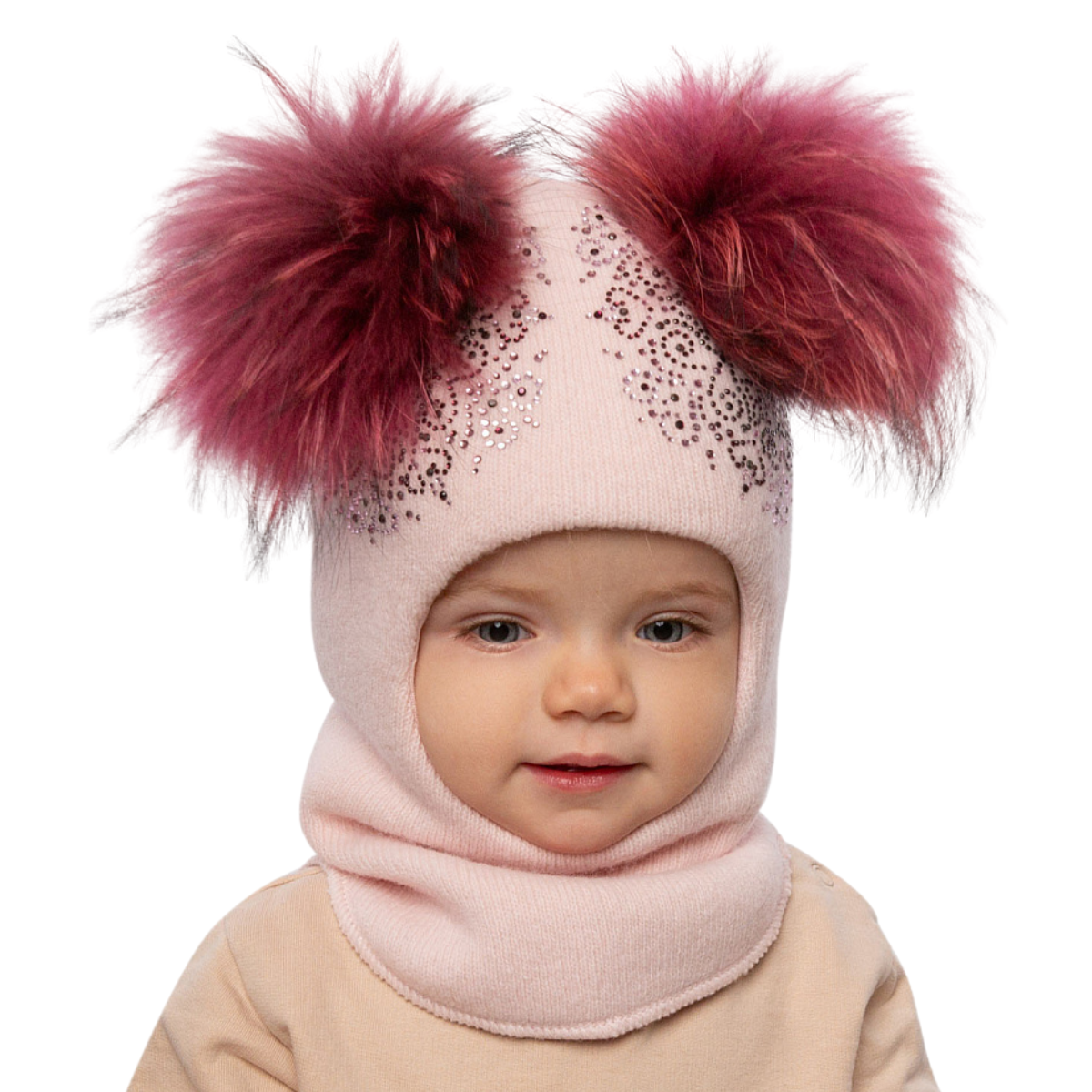 70384 Girls’ Winter Knitted Balaclava with Two Natural Fur Pom-Poms & Rhinestone Design | 50–52, 52–54, 54–55 cm | Ages 18–30M, 3–4, 5–6 Years