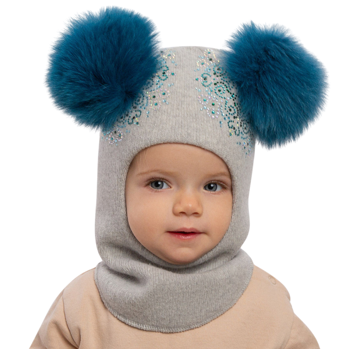 70384 Girls’ Winter Knitted Balaclava with Two Natural Fur Pom-Poms & Rhinestone Design | 50–52, 52–54, 54–55 cm | Ages 18–30M, 3–4, 5–6 Years