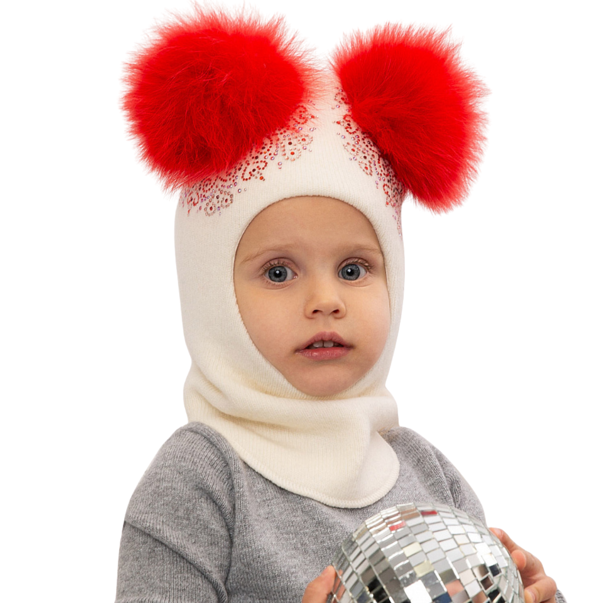 70384 Girls’ Winter Knitted Balaclava with Two Natural Fur Pom-Poms & Rhinestone Design | 50–52, 52–54, 54–55 cm | Ages 18–30M, 3–4, 5–6 Years