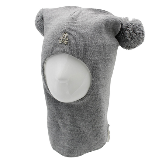 60655 Girls’ Knitted Winter Balaclava with Teddy Bear Brooch & Double Pom-Poms | Cashmere & Wool | 18–30 Months, 3–4 Years (50-54)