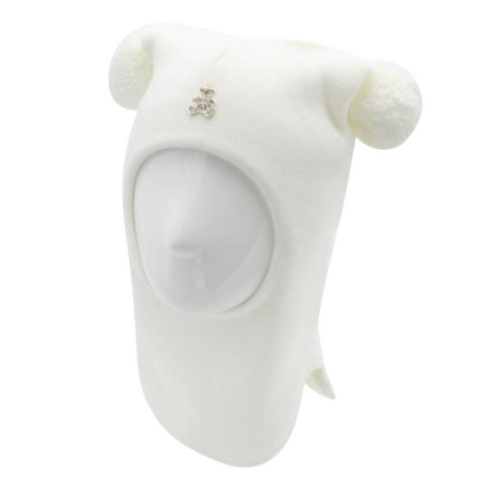 60655 Girls’ Knitted Winter Balaclava with Teddy Bear Brooch & Double Pom-Poms | Cashmere & Wool | 18–30 Months, 3–4 Years (50-54)