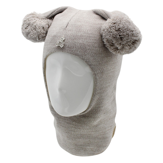 60655 Girls’ Knitted Winter Balaclava with Teddy Bear Brooch & Double Pom-Poms | Cashmere & Wool | 18–30 Months, 3–4 Years (50-54)