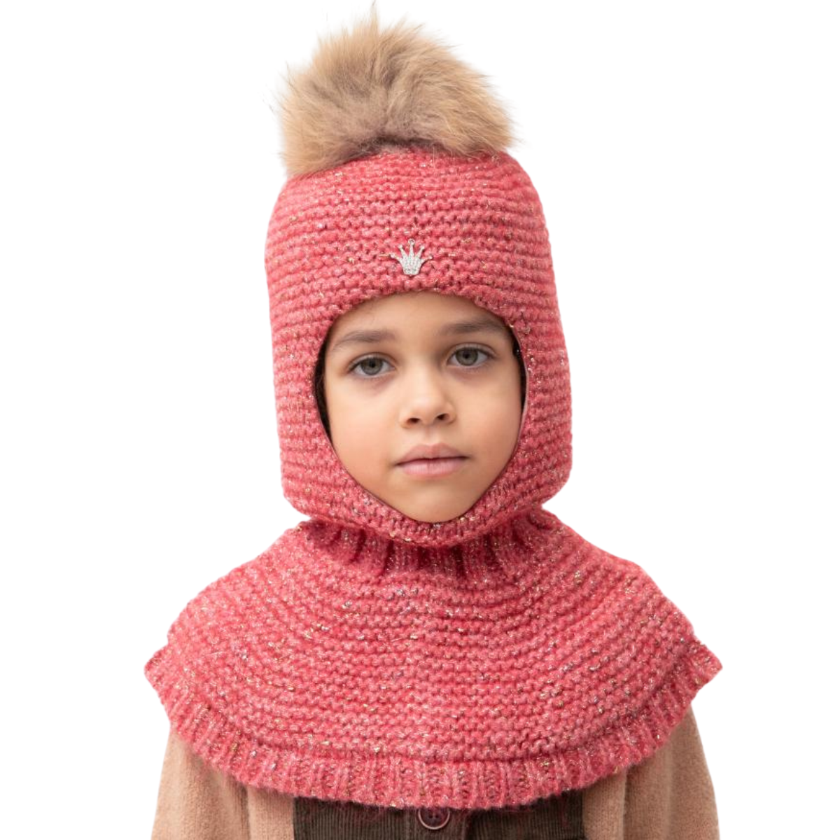 80684 Girls’ Knitted Winter Balaclava with Lurex & Crown Crystal Decor | Wool | Ages 18–30 Months, 3–4, 5–6, 7–8 Years