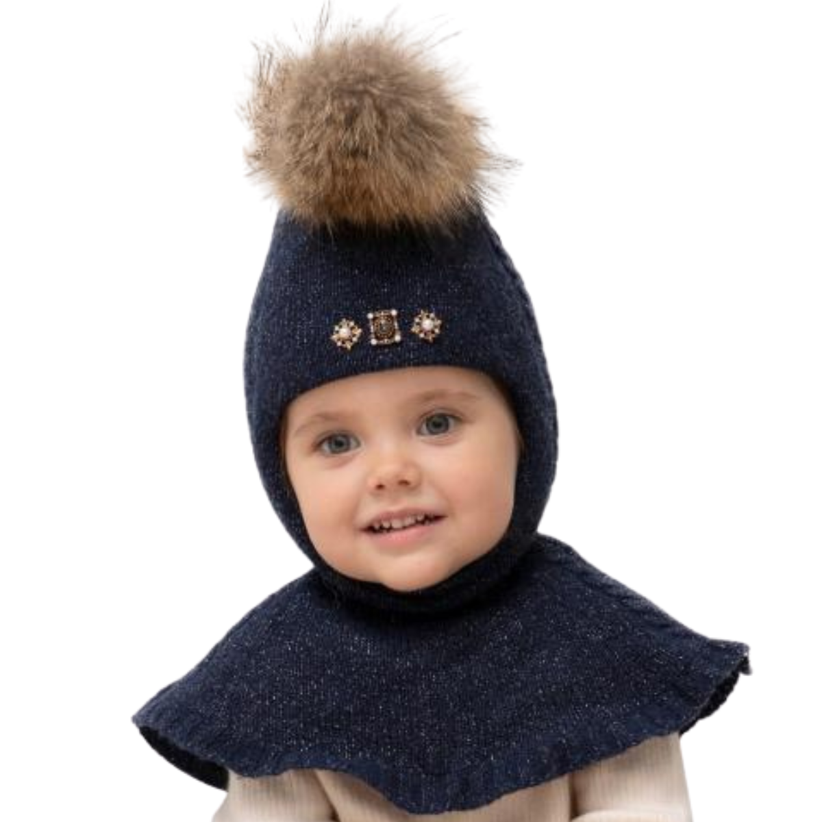 80638 Girls’ Knitted Winter Balaclava with Lurex, Fur Pom-Pom & Crystal Brooches | Сashmere, Wool | Ages 18–30 Months, 3–4 Years