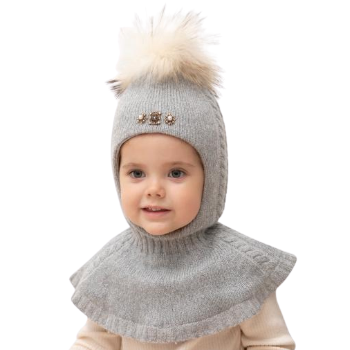 80638 Girls’ Knitted Winter Balaclava with Lurex, Fur Pom-Pom & Crystal Brooches | Сashmere, Wool | Ages 18–30 Months, 3–4 Years