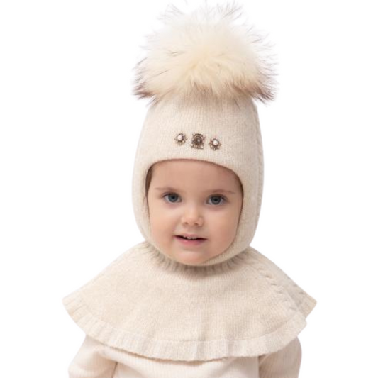 80638 Girls’ Knitted Winter Balaclava with Lurex, Fur Pom-Pom & Crystal Brooches | Сashmere, Wool | Ages 18–30 Months, 3–4 Years