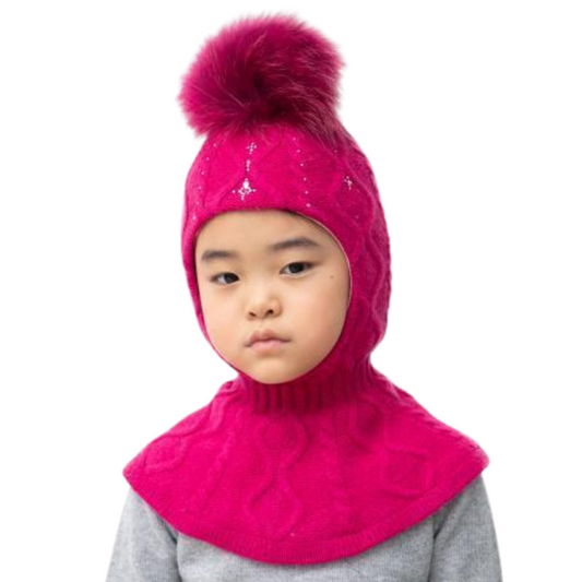 80557 Girls’ Knitted Winter Balaclava with Rhinestones, Cable Knit & Natural Fur Pom-Pom | Sizes 50–55 cm | Ages 18–30 Months, 3–4, 5–6 Years