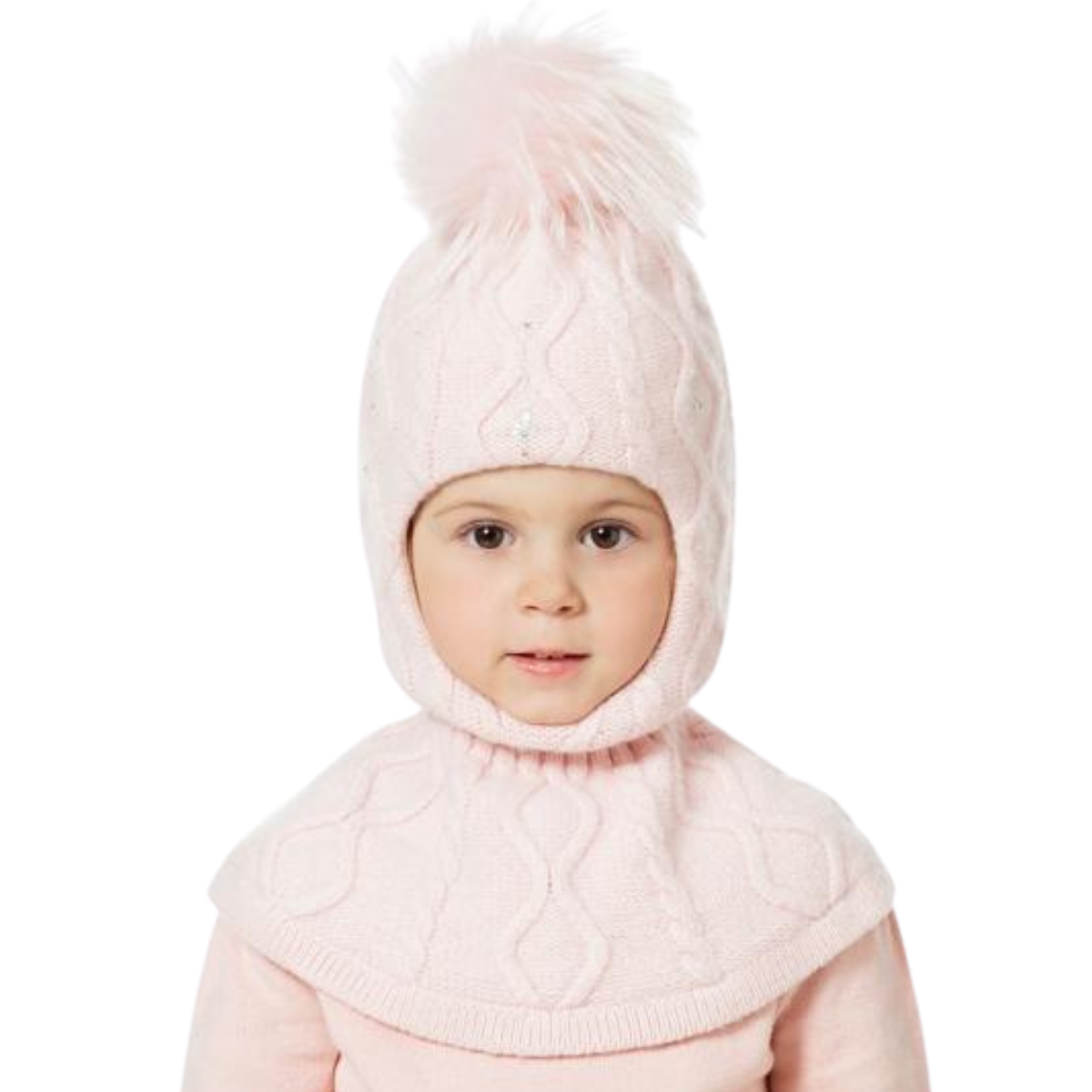80557 Girls’ Knitted Winter Balaclava with Rhinestones, Cable Knit & Natural Fur Pom-Pom | Sizes 50–55 cm | Ages 18–30 Months, 3–4, 5–6 Years