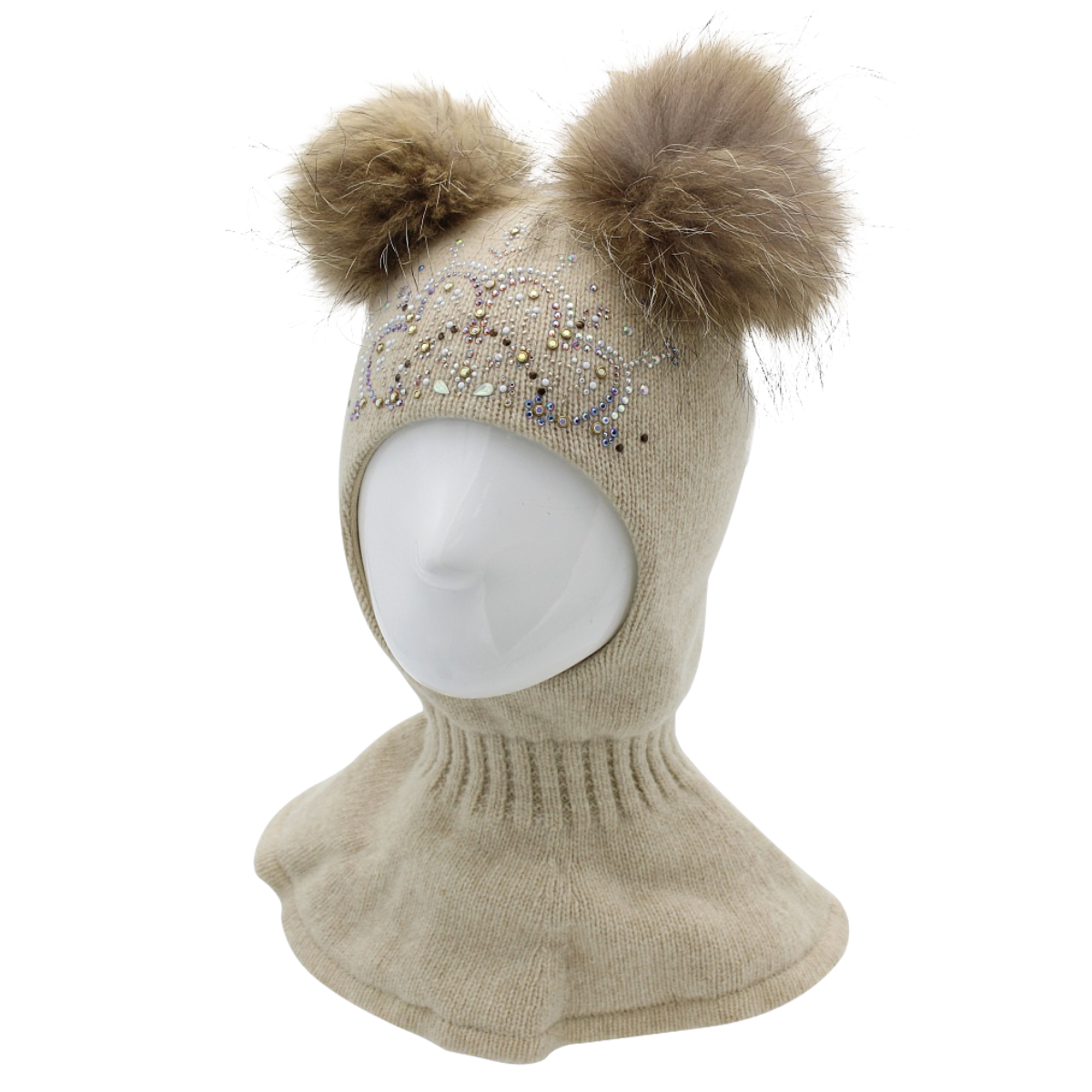 80348 Girls’ Luxury Cashmere Wool Balaclava with Two Natural Fur Pom-Poms & Rhinestone Tiara | Premium Winter Model ✨ | 50–52, 52–54 cm | Ages 18–30M, 3–4 Years
