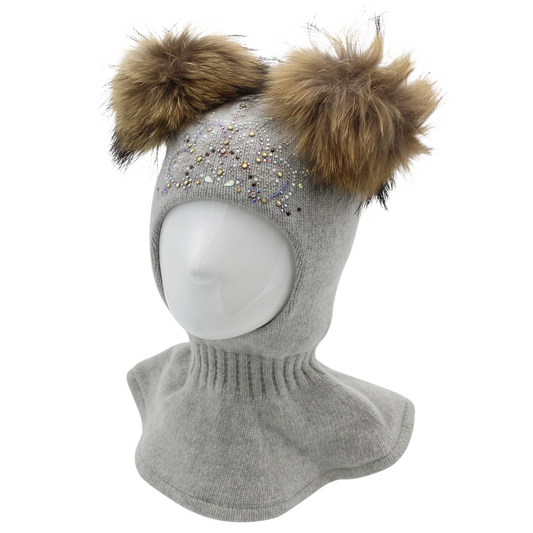 80348 Girls’ Luxury Cashmere Wool Balaclava with Two Natural Fur Pom-Poms & Rhinestone Tiara | Premium Winter Model ✨ | 50–52, 52–54 cm | Ages 18–30M, 3–4 Years