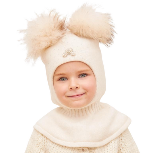 90653 Girls’ Luxury Cashmere Wool Balaclava with Two Natural Fur Pom-Poms & Crystal-Pearl Brooch | Premium Winter Model ✨ | 54–55 cm | Ages 5–6 Years