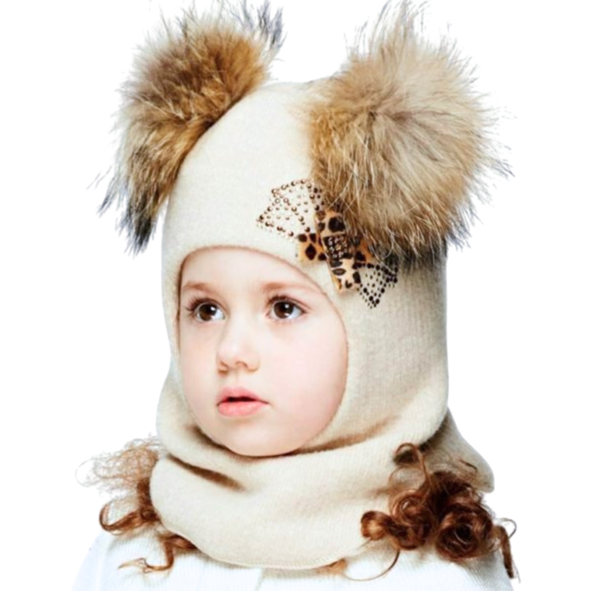 40242 Girls’ Winter Knitted Balaclava with Two Natural Fur Pom-Poms & Rhinestone Design | 50–52 cm | Ages 18–30M