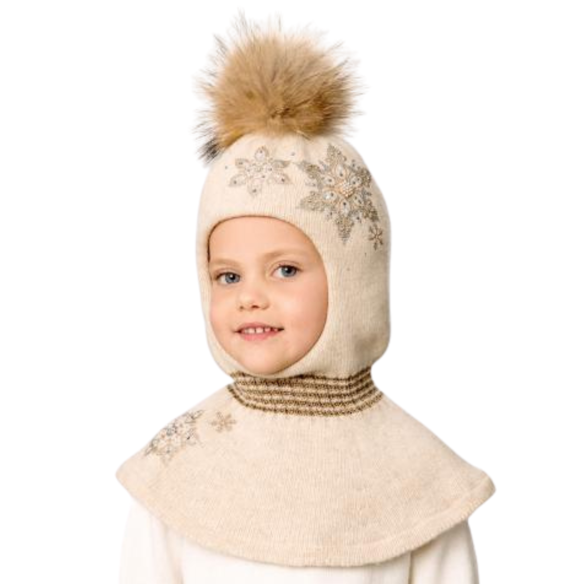 80809 Girls’ Wool Balaclava with Rhinestone Snowflake Embroidery & Natural Fur Pom-Pom | 3-4, 7-8 Years (52-54, 55-56 cm)