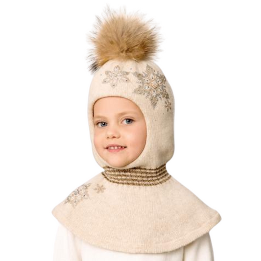 80809 Girls’ Wool Balaclava with Rhinestone Snowflake Embroidery & Natural Fur Pom-Pom | 3-4, 7-8 Years (52-54, 55-56 cm)