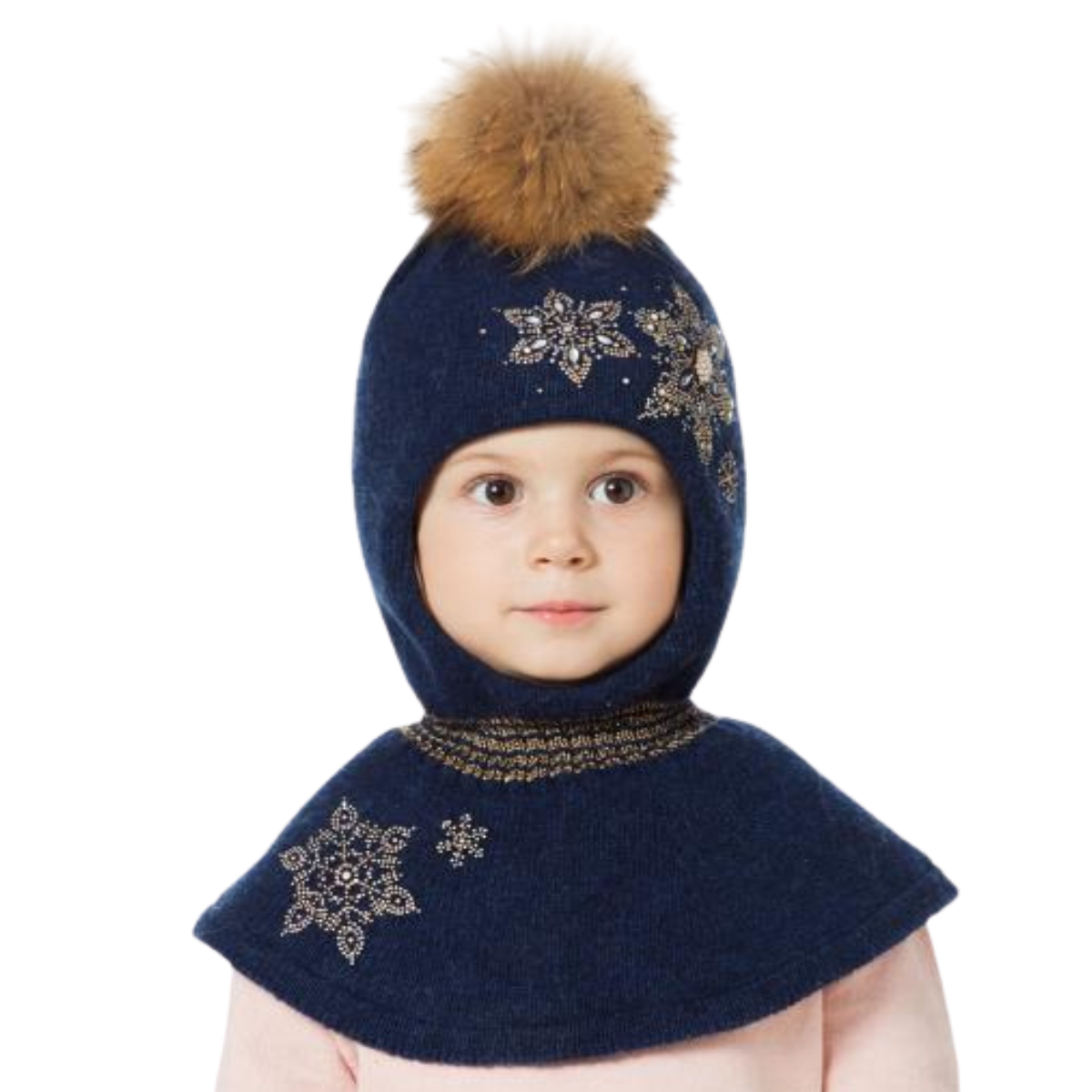 80809 Girls’ Wool Balaclava with Rhinestone Snowflake Embroidery & Natural Fur Pom-Pom | 3-4, 7-8 Years (52-54, 55-56 cm)