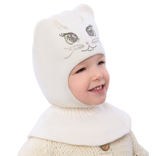 12001 Girls’ Cashmere Wool Balaclava with Cat Face Rhinestone Design & Ears | Ages 3-4, 5–6 Years | 52–54, 54-55 cm