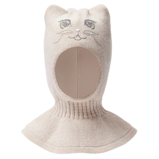 12001 Girls’ Cashmere Wool Balaclava with Cat Face Rhinestone Design & Ears | Ages 3-4, 5–6 Years | 52–54, 54-55 cm