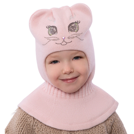 12001 Girls’ Cashmere Wool Balaclava with Cat Face Rhinestone Design & Ears | Ages 3-4, 5–6 Years | 52–54, 54-55 cm