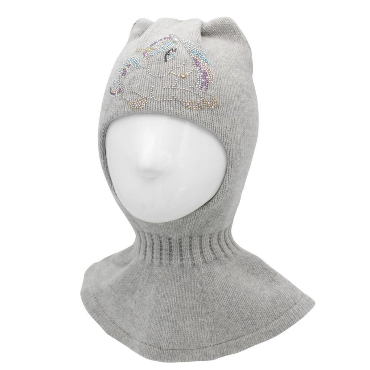 10202 Girls’ Cashmere Wool Balaclava with Unicorn Embroidery, Rhinestone Design & Ears | Ages 18–30M, 3–4 Years | 50–52, 52-54 cm
