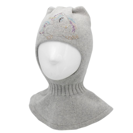10202 Girls’ Cashmere Wool Balaclava with Unicorn Embroidery, Rhinestone Design & Ears | Ages 18–30M, 3–4 Years | 50–52, 52-54 cm