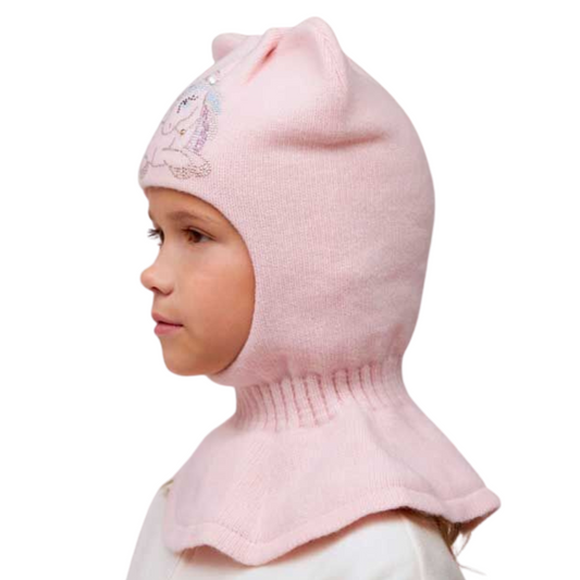 10202 Girls’ Cashmere Wool Balaclava with Unicorn Embroidery, Rhinestone Design & Ears | Ages 18–30M, 3–4 Years | 50–52, 52-54 cm