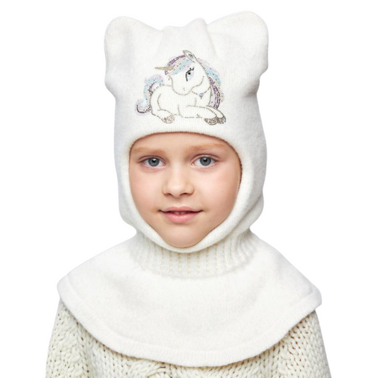 10202 Girls’ Cashmere Wool Balaclava with Unicorn Embroidery, Rhinestone Design & Ears | Ages 18–30M, 3–4 Years | 50–52, 52-54 cm