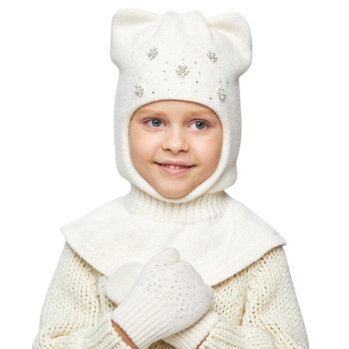 10230 Girls’ Winter Cashmere Wool Balaclava with Cat Ears & Pearl-Crystal Brooches | Ages 18–30M | 50–52 cm