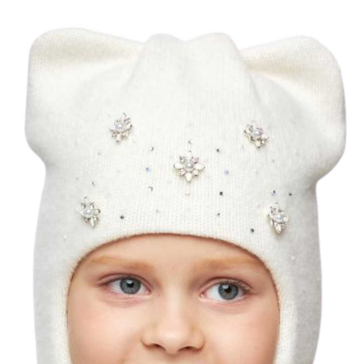 10230 Girls’ Winter Cashmere Wool Balaclava with Cat Ears & Pearl-Crystal Brooches | Ages 18–30M | 50–52 cm