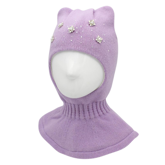 10230 Girls’ Winter Cashmere Wool Balaclava with Cat Ears & Pearl-Crystal Brooches | Ages 18–30M | 50–52 cm