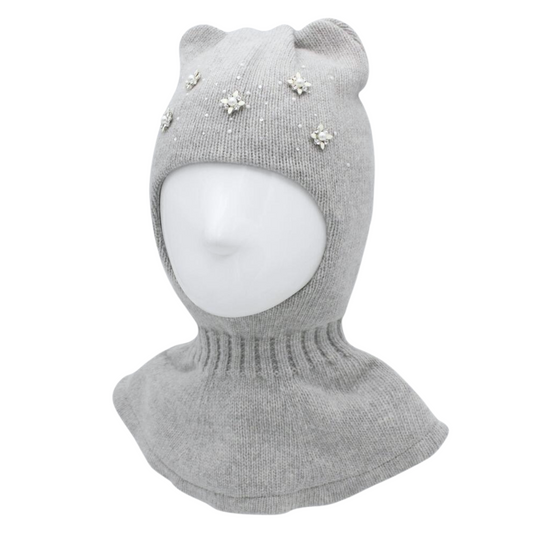 10230 Girls’ Winter Cashmere Wool Balaclava with Cat Ears & Pearl-Crystal Brooches | Ages 18–30M | 50–52 cm
