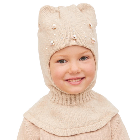 90309 Girls’ Winter Cashmere Wool Balaclava with Cat Ears & Pearl-Crystal Brooches | Ages 3–4 Years | 52–54 cm