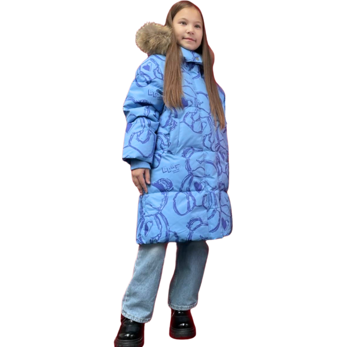 Anernuo Girls’ Winter Jacket with Natural Fur Hood & Bear Print | Sizes 116–134 (5–9 Years) | Thinsulate Insulation | Fleece Lining | Knee-Length | Up to –35 °C