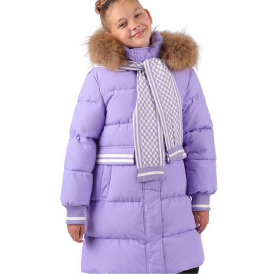 Anernuo Girls’ Winter Jacket with Natural Fur Hood | Sizes 116–140 (5–10 Years) | Thinsulate Insulation | Fleece Lining | Knee-Length | Up to –35 °C