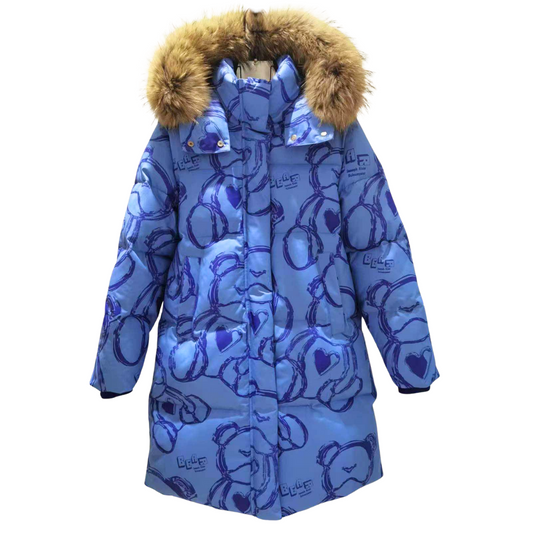 Anernuo Girls’ Winter Jacket with Natural Fur Hood & Bear Print | Sizes 116–134 (5–9 Years) | Thinsulate Insulation | Fleece Lining | Knee-Length | Up to –35 °C