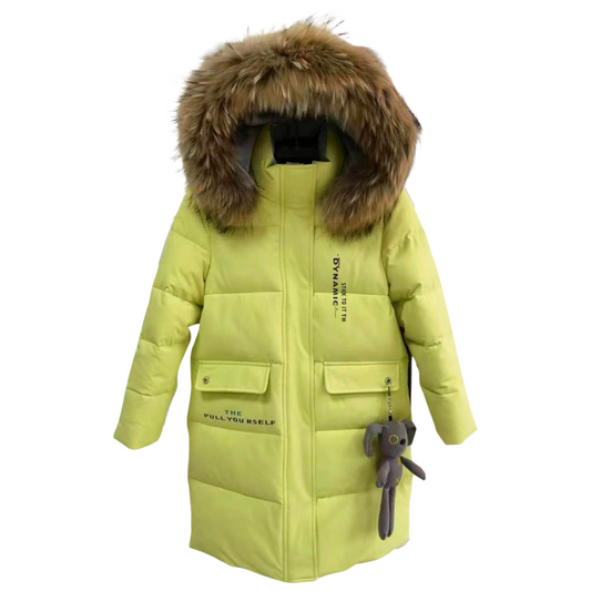 Anernuo Girls’ Winter Jacket with Natural Fur Hood & Teddy Bear Charm | Thinsulate Insulation | Fleece Lining | Knee-Length | Up to –35 °C | Best Seller | Last Size 116 (5–6 Years)