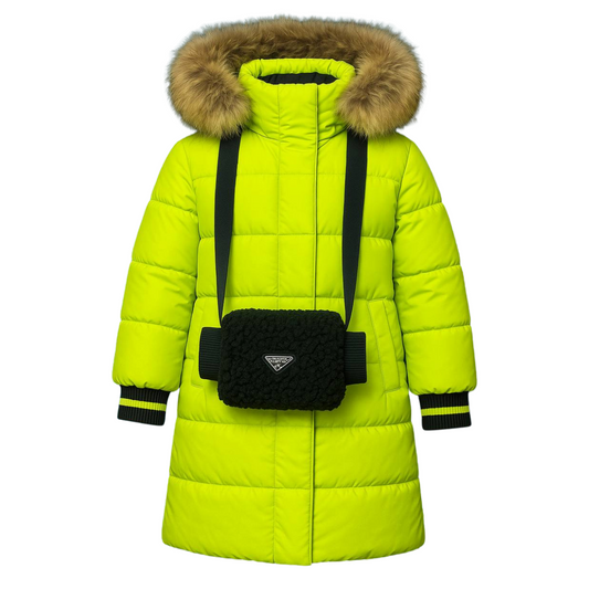 Anernuo Girls’ Winter Jacket with Natural Fur Hood & Hand Muff Belt Bag | Sizes 116, 122, 128, 134, 140 (5–10 Years) | Thinsulate Insulation | Fleece Lining | Knee-Length | Up to –35 °C