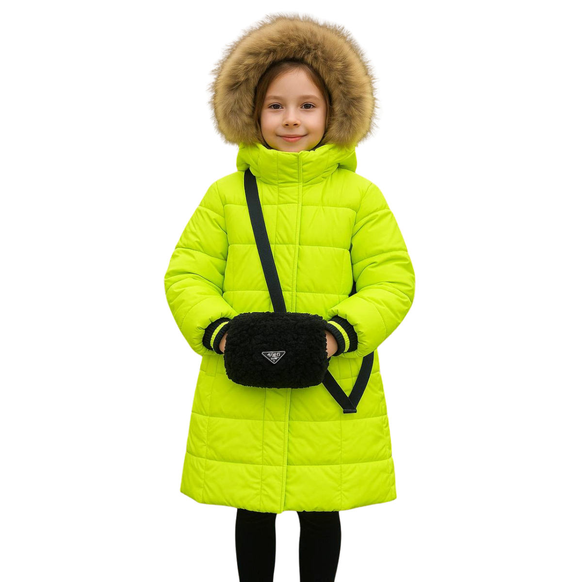 Anernuo Girls’ Winter Jacket with Natural Fur Hood & Hand Muff Belt Bag | Sizes 116, 122, 128, 134, 140 (5–10 Years) | Thinsulate Insulation | Fleece Lining | Knee-Length | Up to –35 °C