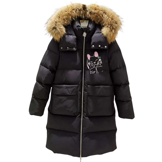 Anernuo Girls’ Winter Jacket with Natural Fur Hood & Pink Cat Print | Sizes 116–140 (5–10 Years) | Thinsulate Insulation | Fleece Lining | Knee-Length | Up to –35 °C