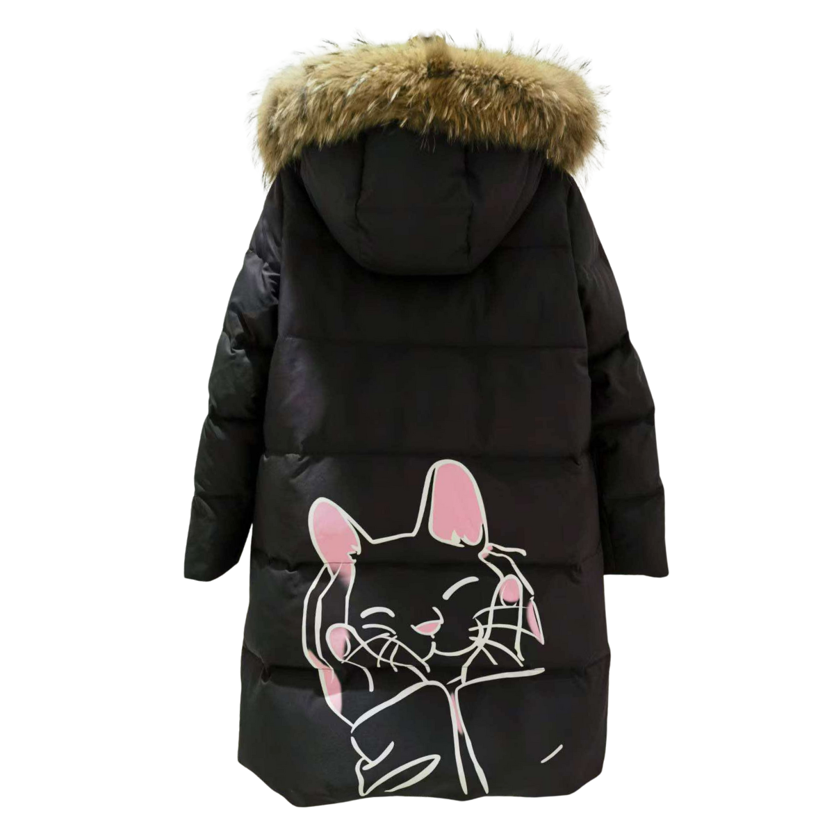 Anernuo Girls’ Winter Jacket with Natural Fur Hood & Pink Cat Print | Sizes 116–140 (5–10 Years) | Thinsulate Insulation | Fleece Lining | Knee-Length | Up to –35 °C