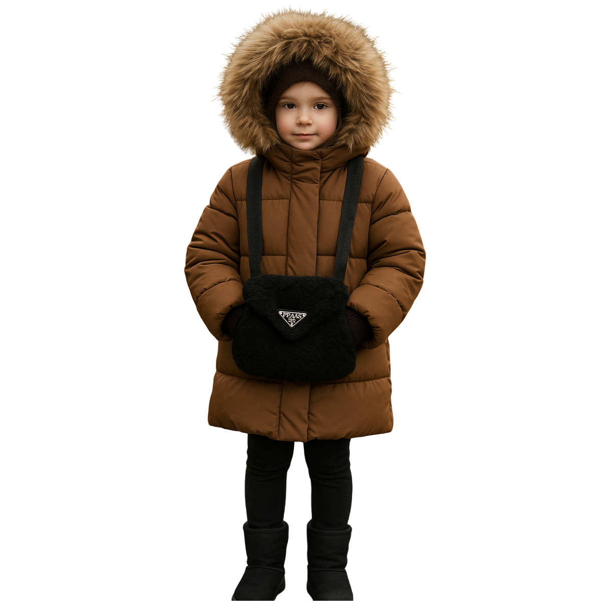 Anernuo Girls’ Winter Jacket with Natural Fur Hood & Hand Muff Belt Bag | Sizes 116, 122, 128, 134, 140 (5–10 Years) | Thinsulate Insulation | Fleece Lining | Knee-Length | Up to –35 °C