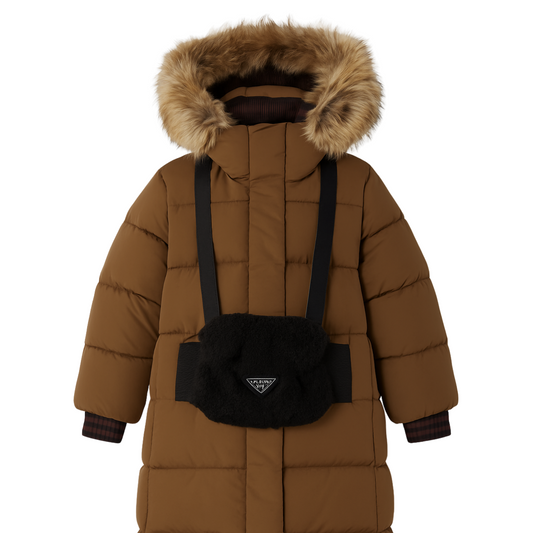 Anernuo Girls’ Winter Jacket with Natural Fur Hood & Hand Muff Belt Bag | Sizes 116, 122, 128, 134, 140 (5–10 Years) | Thinsulate Insulation | Fleece Lining | Knee-Length | Up to –35 °C