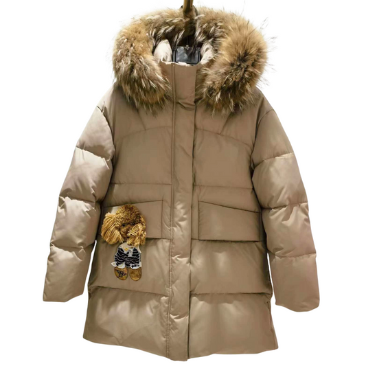 Anernuo Girls’ Winter Jacket with Natural Fur Hood & Dog Patch | Sizes 116–140 (5–10 Years) | Thinsulate Insulation | Fleece Lining | Mid-Thigh Length | Up to –35 °C