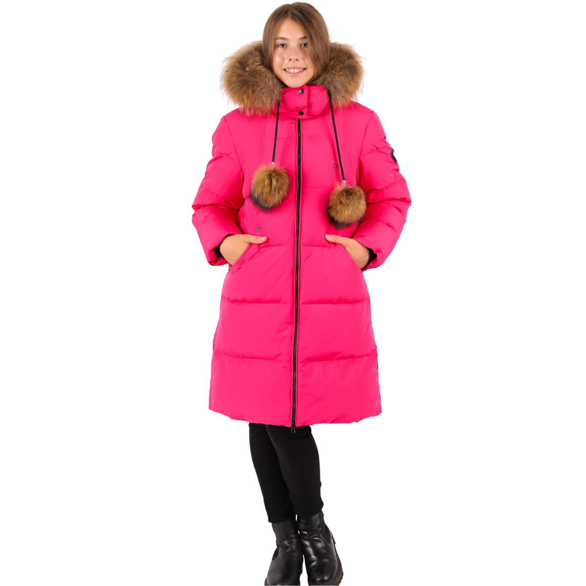 Last Size 158 (13–14 Years) | Anernuo Girls’ Knee-Length Winter Jacket in Bright Fuchsia with Natural Fur Hood & Pom-Poms | Thinsulate Insulation | Fleece Lining | Up to –35 °C