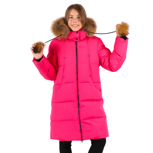 Last Size 158 (13–14 Years) | Anernuo Girls’ Knee-Length Winter Jacket in Bright Fuchsia with Natural Fur Hood & Pom-Poms | Thinsulate Insulation | Fleece Lining | Up to –35 °C