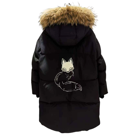 Anernuo Girls’ Black Winter Jacket with Natural Fur Hood & Fox Design | Sizes 146–164 (11–15 Years) | Thinsulate Insulation | Fleece Lining | Knee-Length | Up to –35 °C