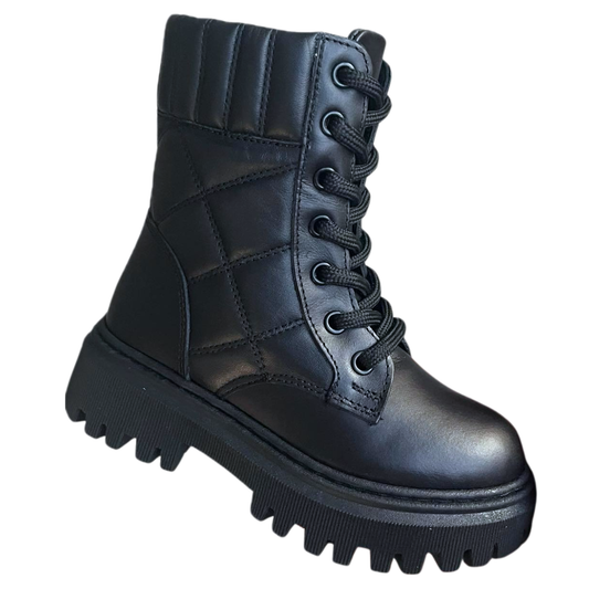 792 Tiflani Girls Calfskin Leather Boots – Metallic Silver or Black | Laces, Inner Zipper, Warm Lining & Chunky Non-Slip Sole (Sizes 26–30)