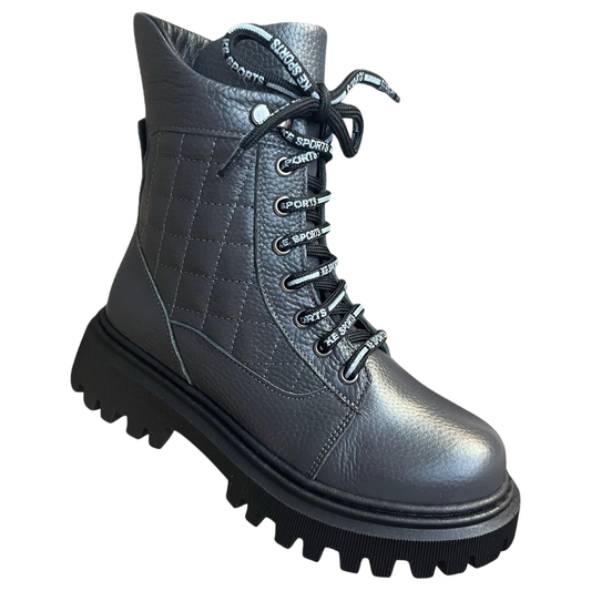 783 Tiflani Girls Graphite Calfskin Leather Boots | Quilted Design, Printed Laces, Inner Zipper, Warm Lining & Chunky Sole (Sizes 31–36)