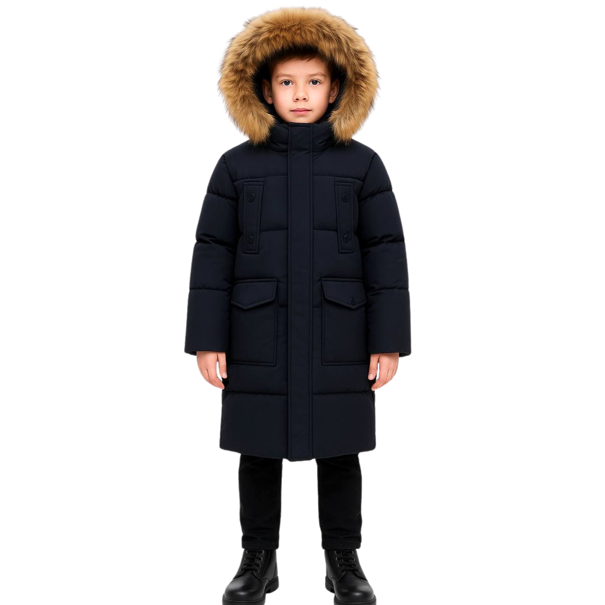 3118 Anernuo Unisex Long Winter Jacket with Natural Fur Hood | Sizes 116–140 (5–10 Years) | Thinsulate Insulation | Fleece Lining | Below the Knee | Up to –35 °C