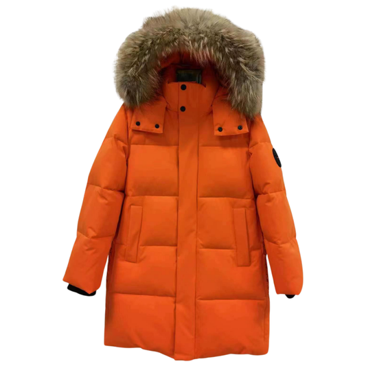 Anernuo Boys Long Winter Jacket in Bright Orange with Natural Fur Hood | Sizes 122–140 (6–10 Years) | Thinsulate Insulation | Fleece Lining | Below the Knee | Up to –35 °C