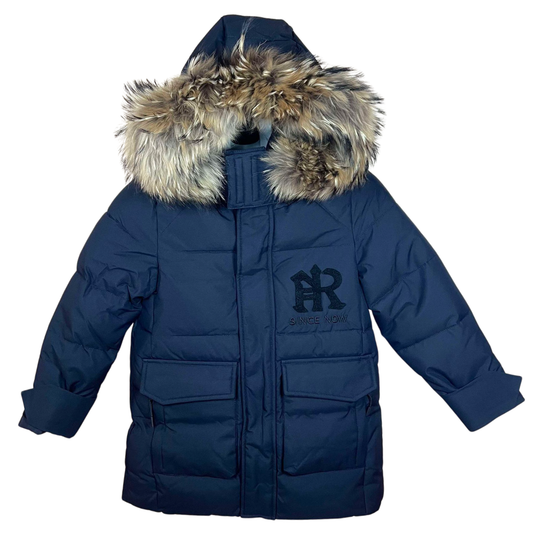 595 Anernuo Boys Winter Jacket with Natural Fur Hood – Navy Blue | Sizes 116–140 | Thinsulate Insulation | Above the Knee | Fleece Lining | Up to –35 °C